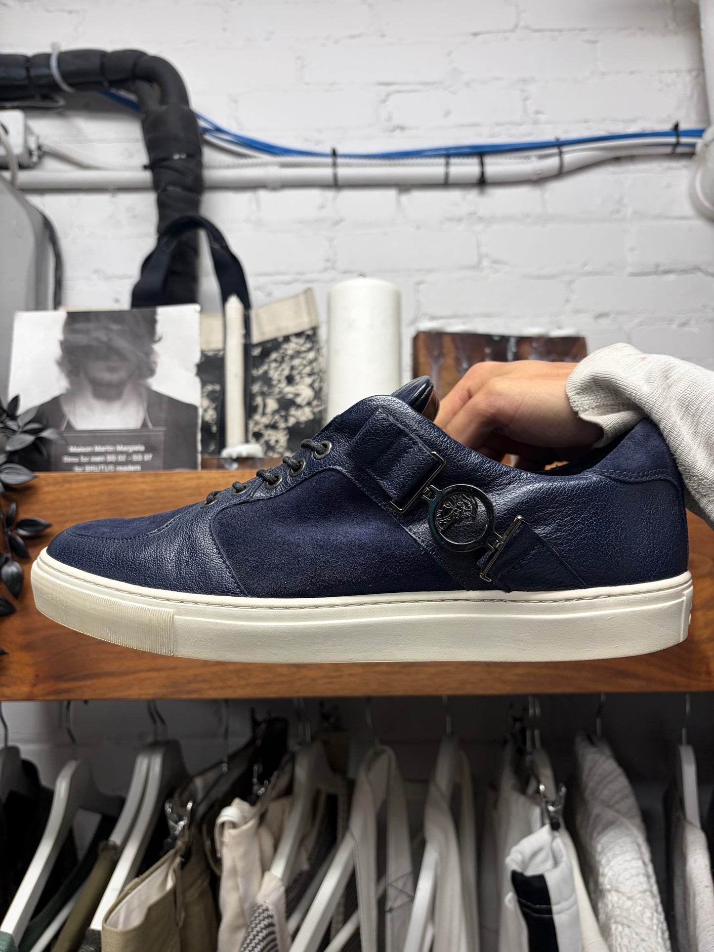 Versace Collection Blue Suede/Silver ‘Medusa’ Low Top Sneakers