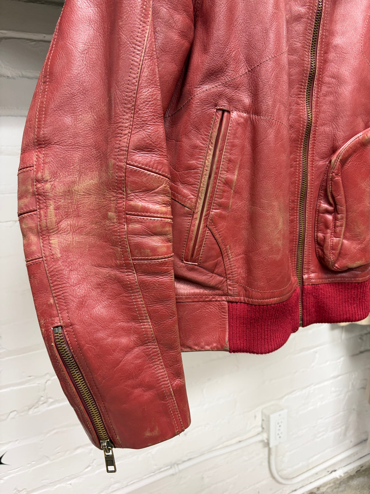 Marc Jacobs ‘Rustic’ Red Faded Leather Motorcycle Biker Jacket