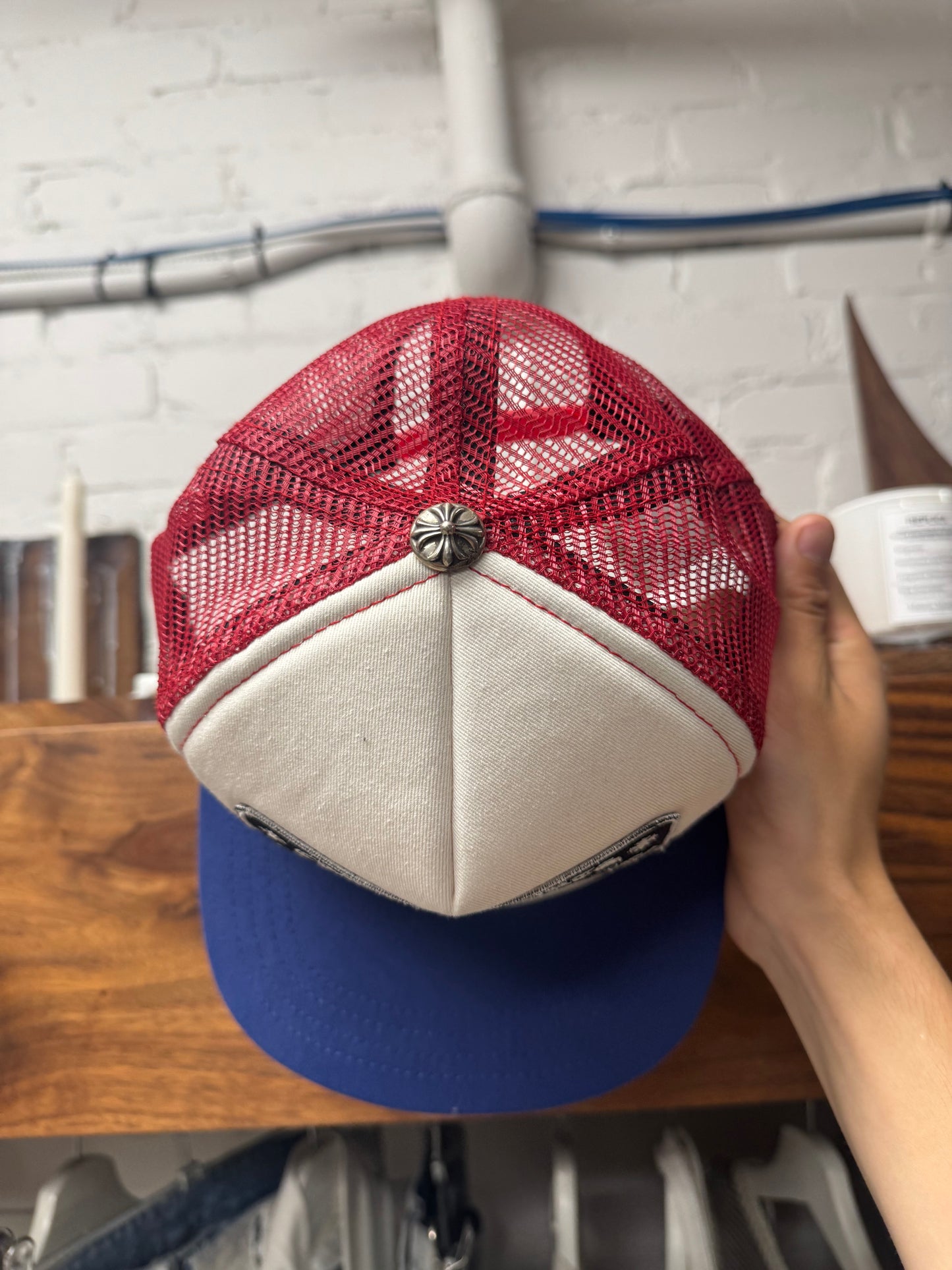 Chrome Hearts ‘Hollywood’ Red/Blue Mesh Trucker Hat