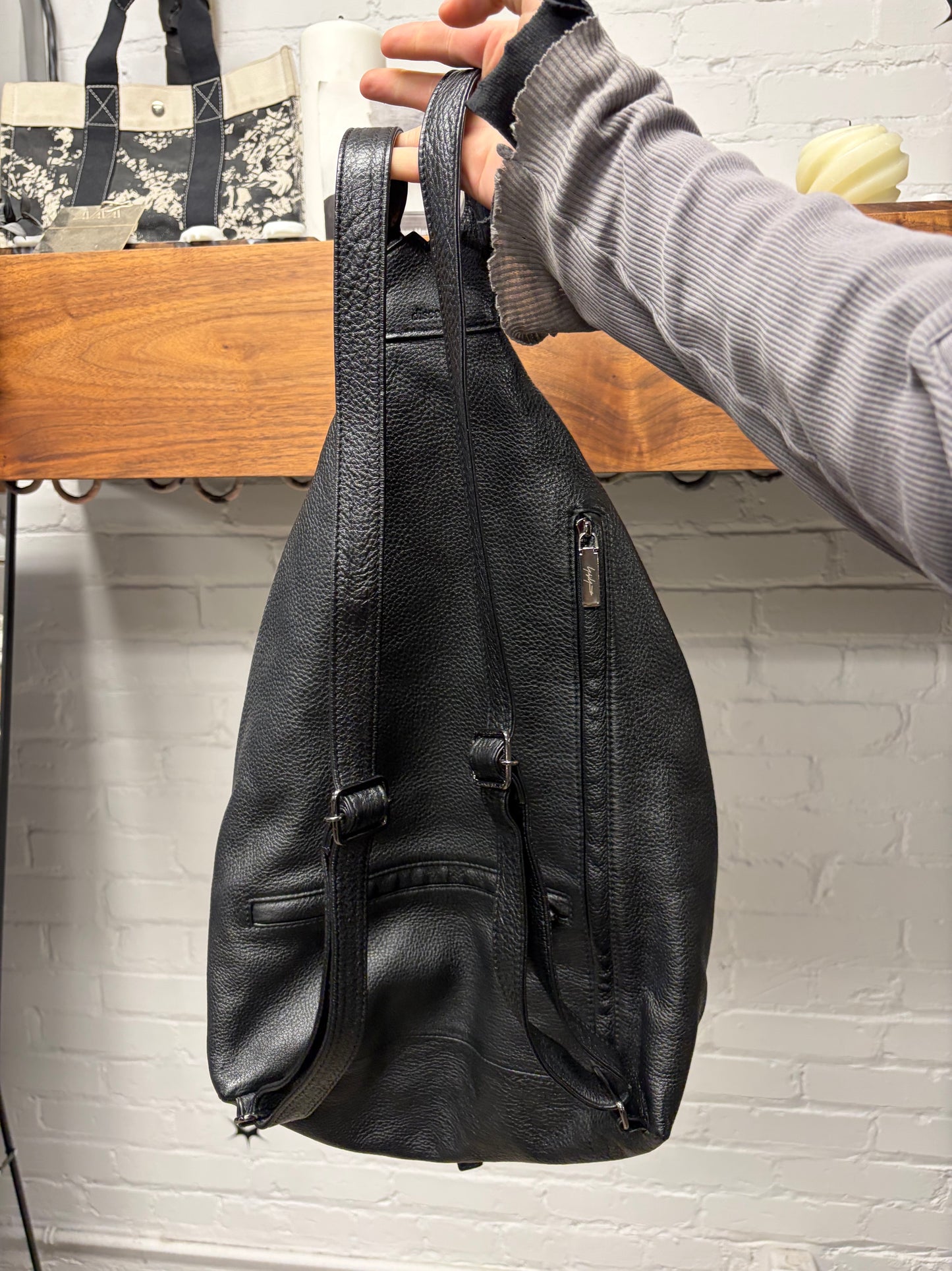 Yohji Yamamoto ‘Discord’ Embossed Black Leather Sling Backpack