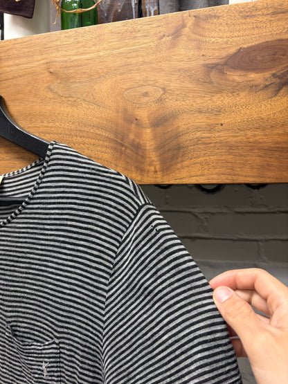 2020 Saint Laurent Black/Grey Striped ‘YSL’ Embroidered Logo Striped T-Shirt