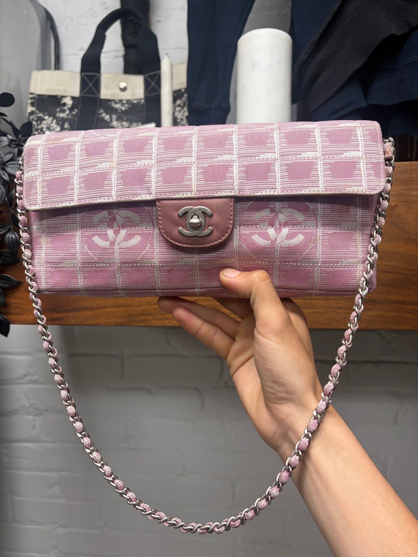 Chanel Pink Canvas ‘Chocolate Bar’ Chain Shoulder Bag