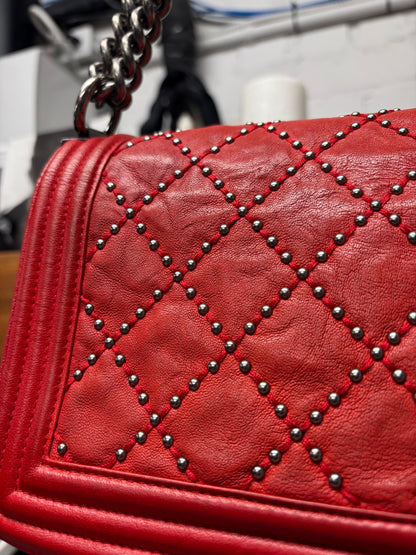 Chanel ‘Studded’ Red Quilted Leather Medium Boy Bag with Chain Crossbody Strap