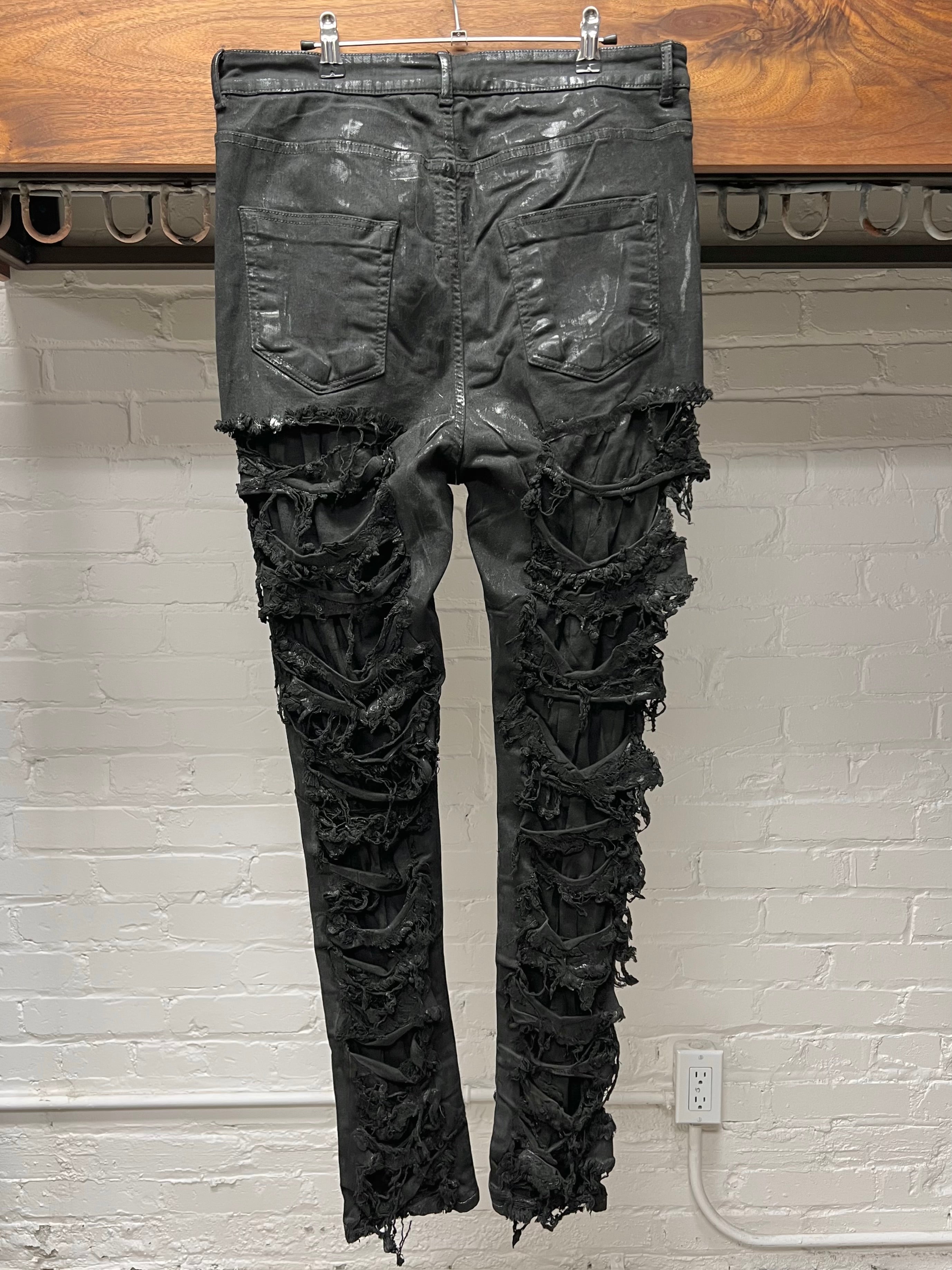 Rick Owens DRKSHDW 'Detroit Cut' Waxed Black Slashed Distressed