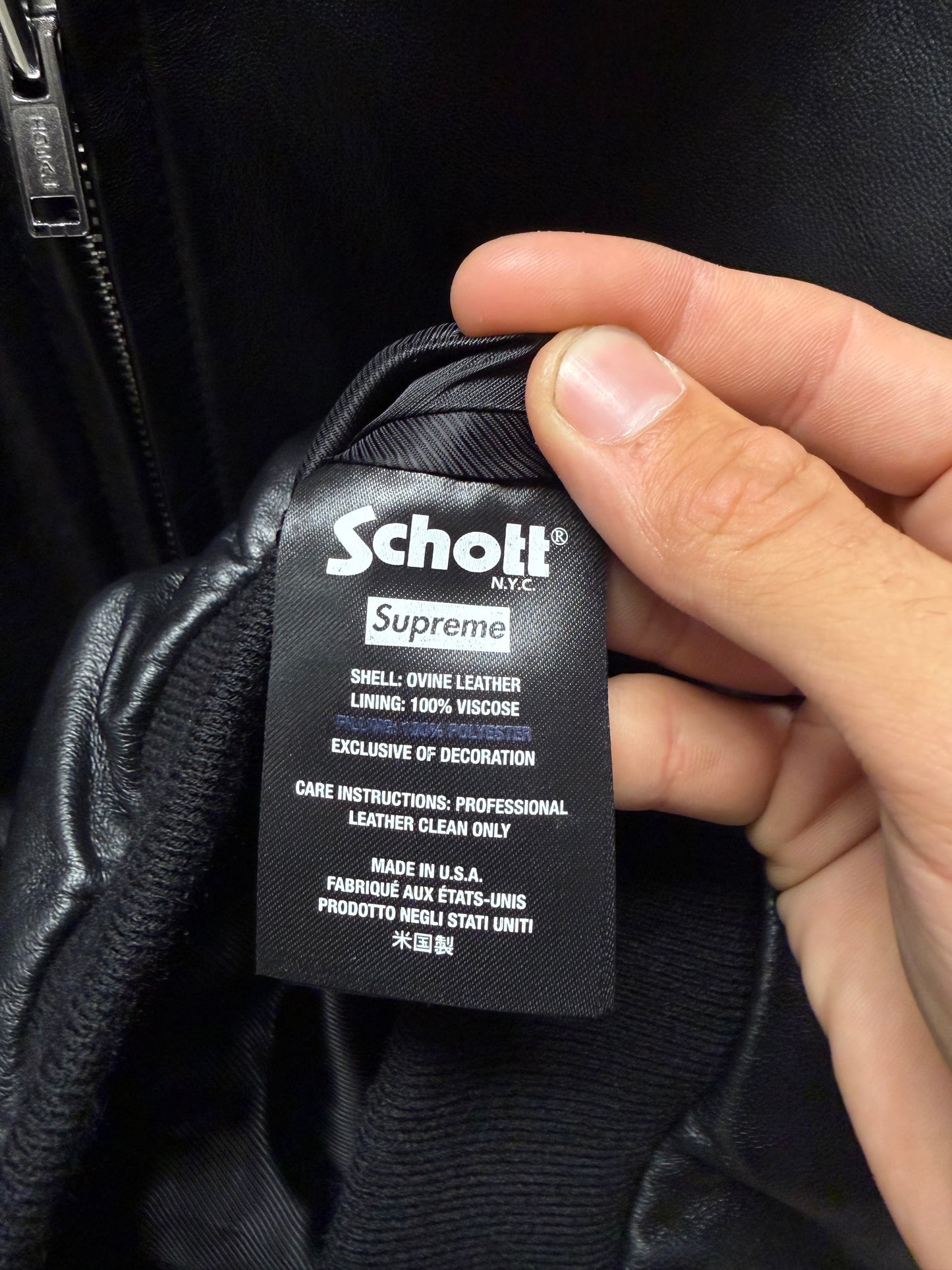 SS2024 Supreme x Schott Black ‘Embossed Logo’ Lambskin Leather Zip-Up Jacket