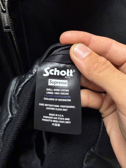 SS2024 Supreme x Schott Black ‘Embossed Logo’ Lambskin Leather Zip-Up Jacket