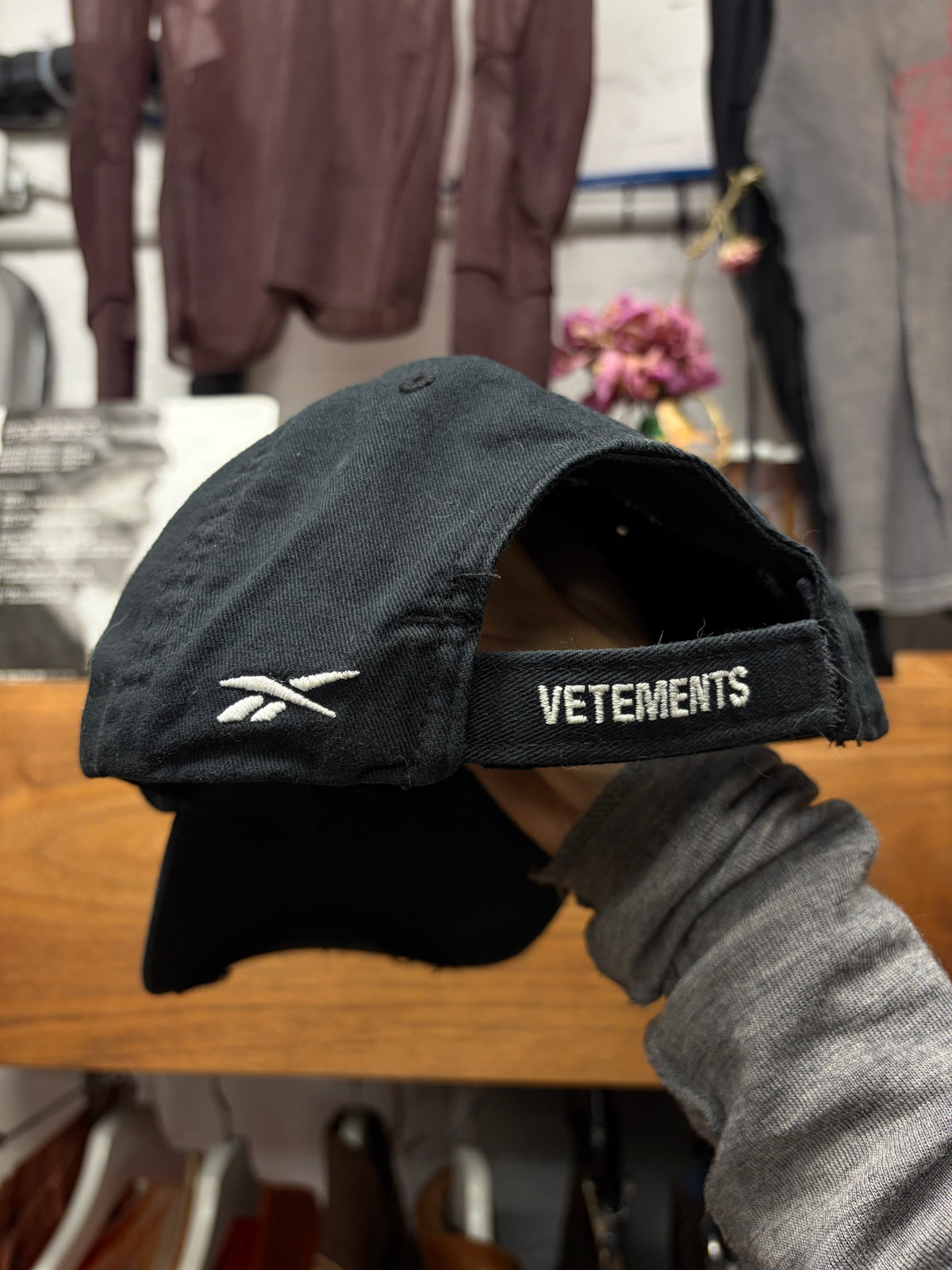 AW2018 Vetements x Reebok ‘Friday’ Distressed Brim Black Baseball Cap