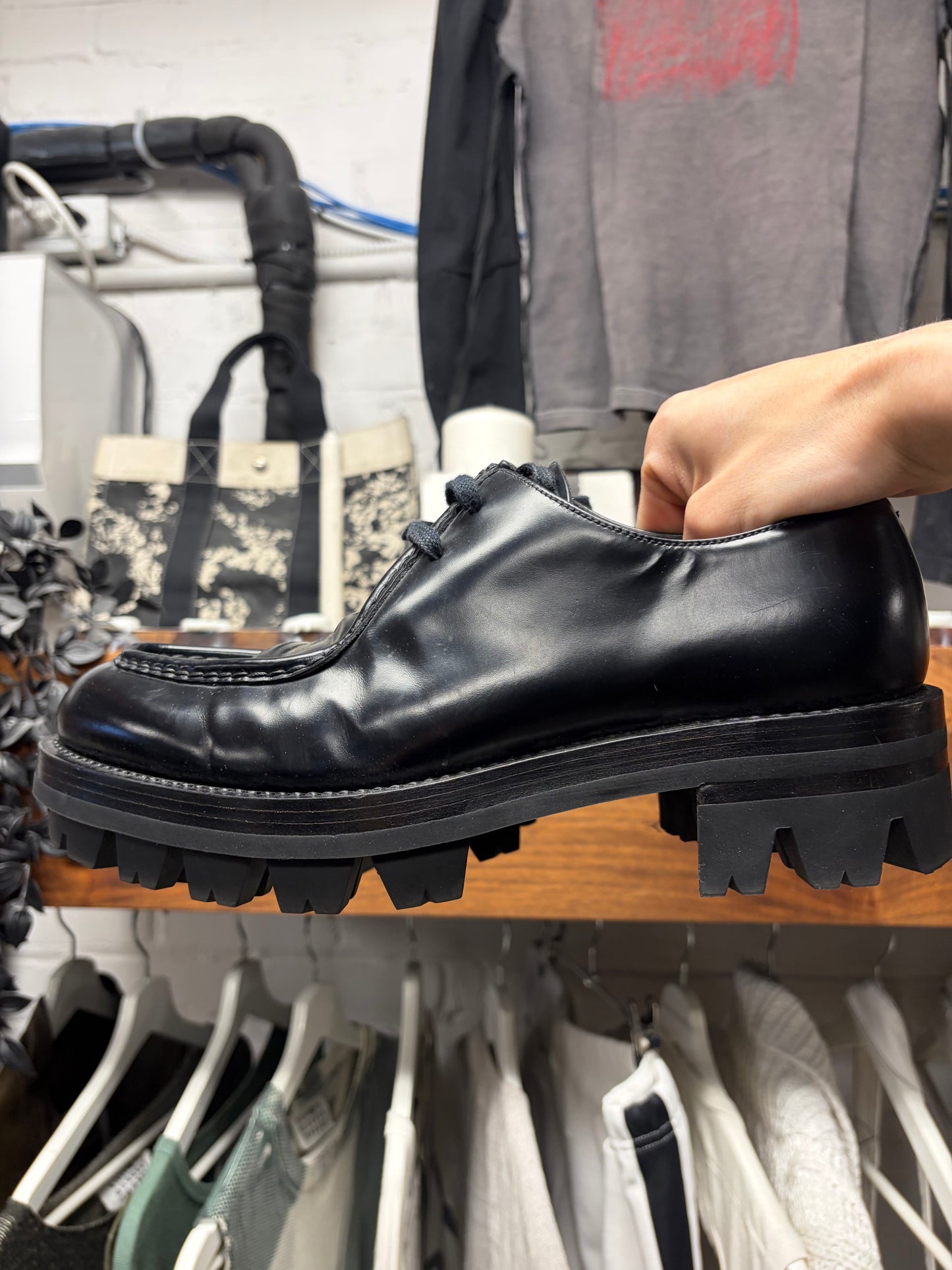 Prada Black Patent Leather ‘Lug Sole’ Pointed Toe Leather Derbys