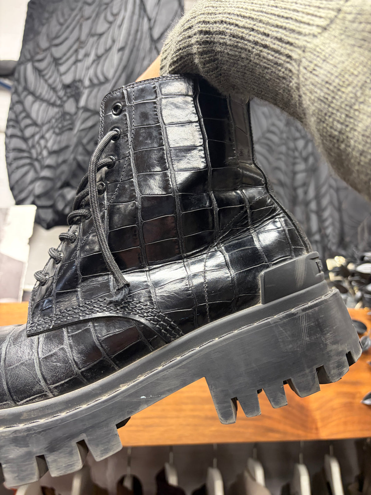Balenciaga Croc Embossed Black Leather ‘Strike’ Combat Boots