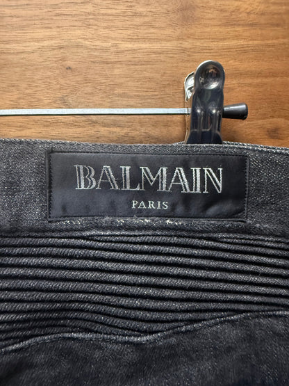 Balmain Black Distressed Black Biker Knee Moto Skinny Jeans