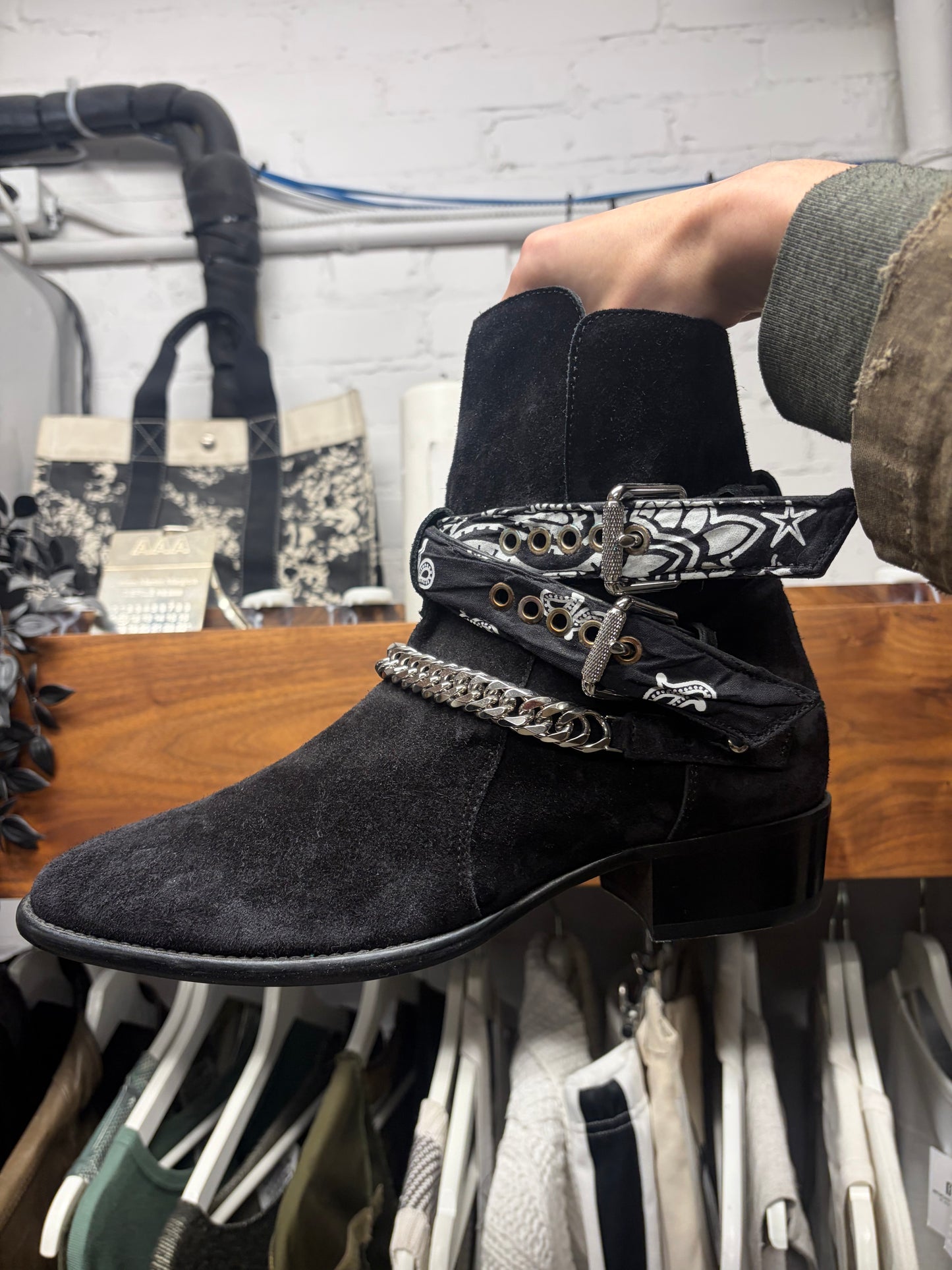 Amiri Bandanna ‘Chain Link’ Black Suede Western Boots