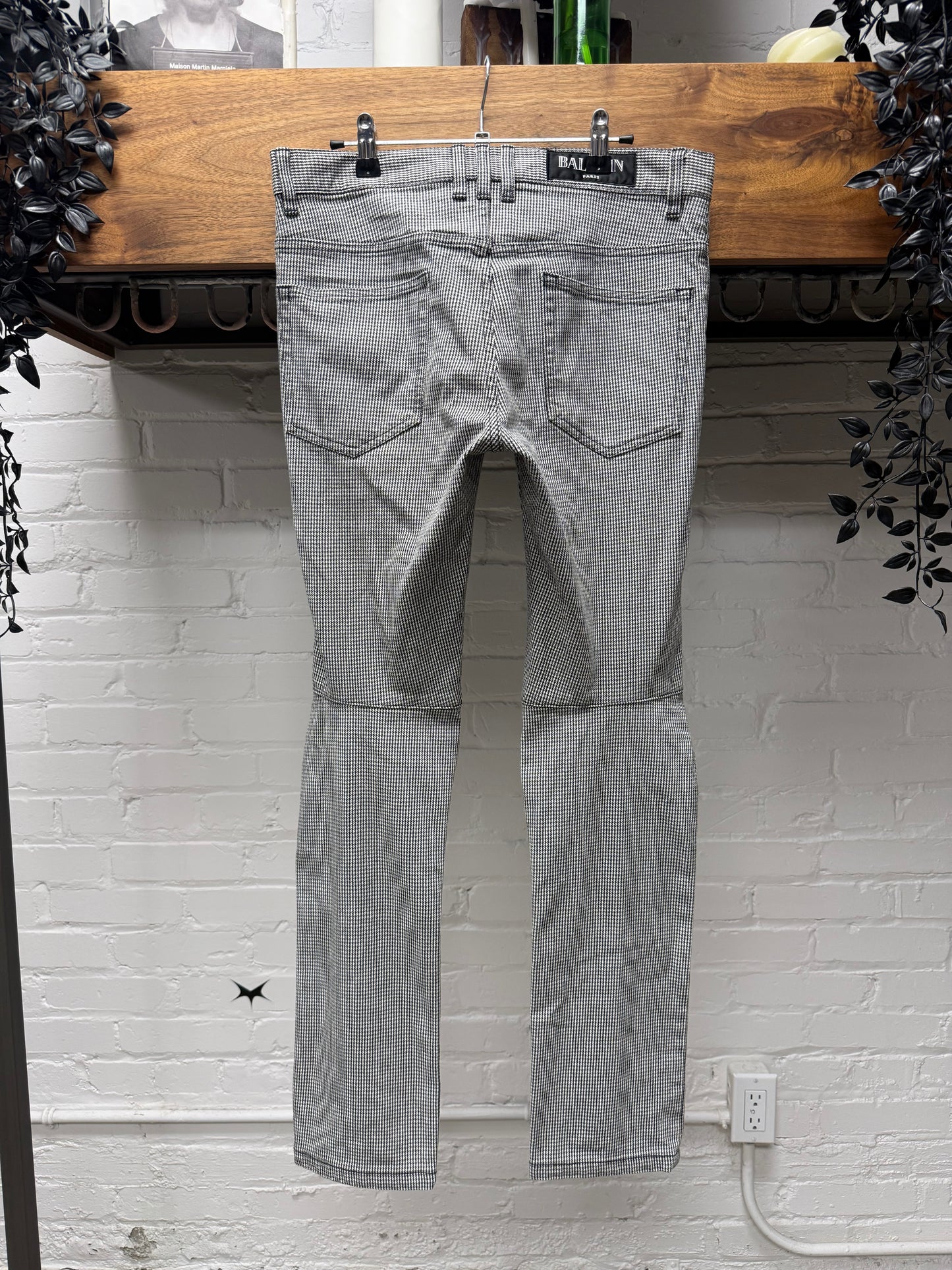 Balmain Black/White ‘Houndstooth’ Patterned Biker Skinny Jeans