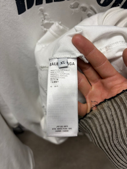 2021 Balenciaga ‘Caps’ Destroyed White/Black Logo Heavy Cotton Hoodie