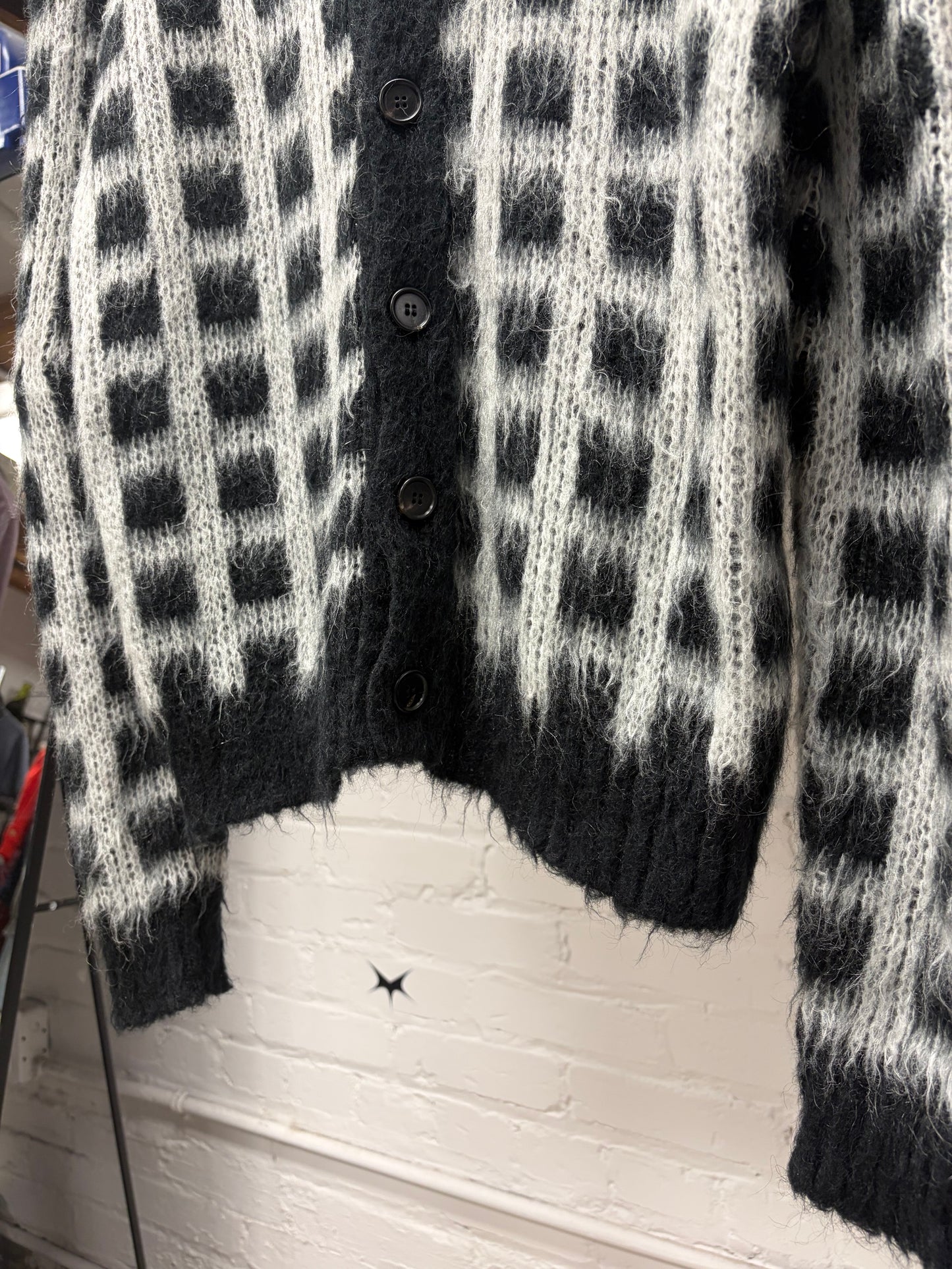 Marni Black/White Plaid Mohair Shag Cardigan