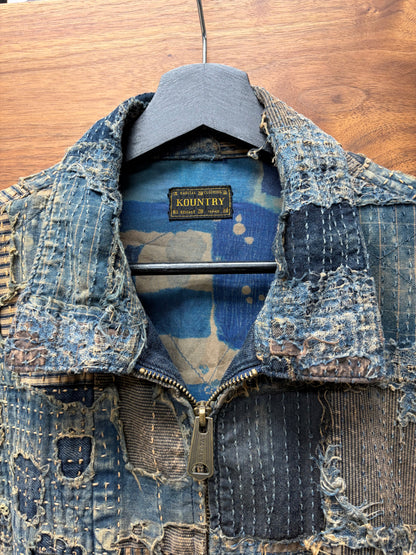 Kaptial ‘Boro’ Repaired Blue Zip-Up Buckle Back Denim Jacket