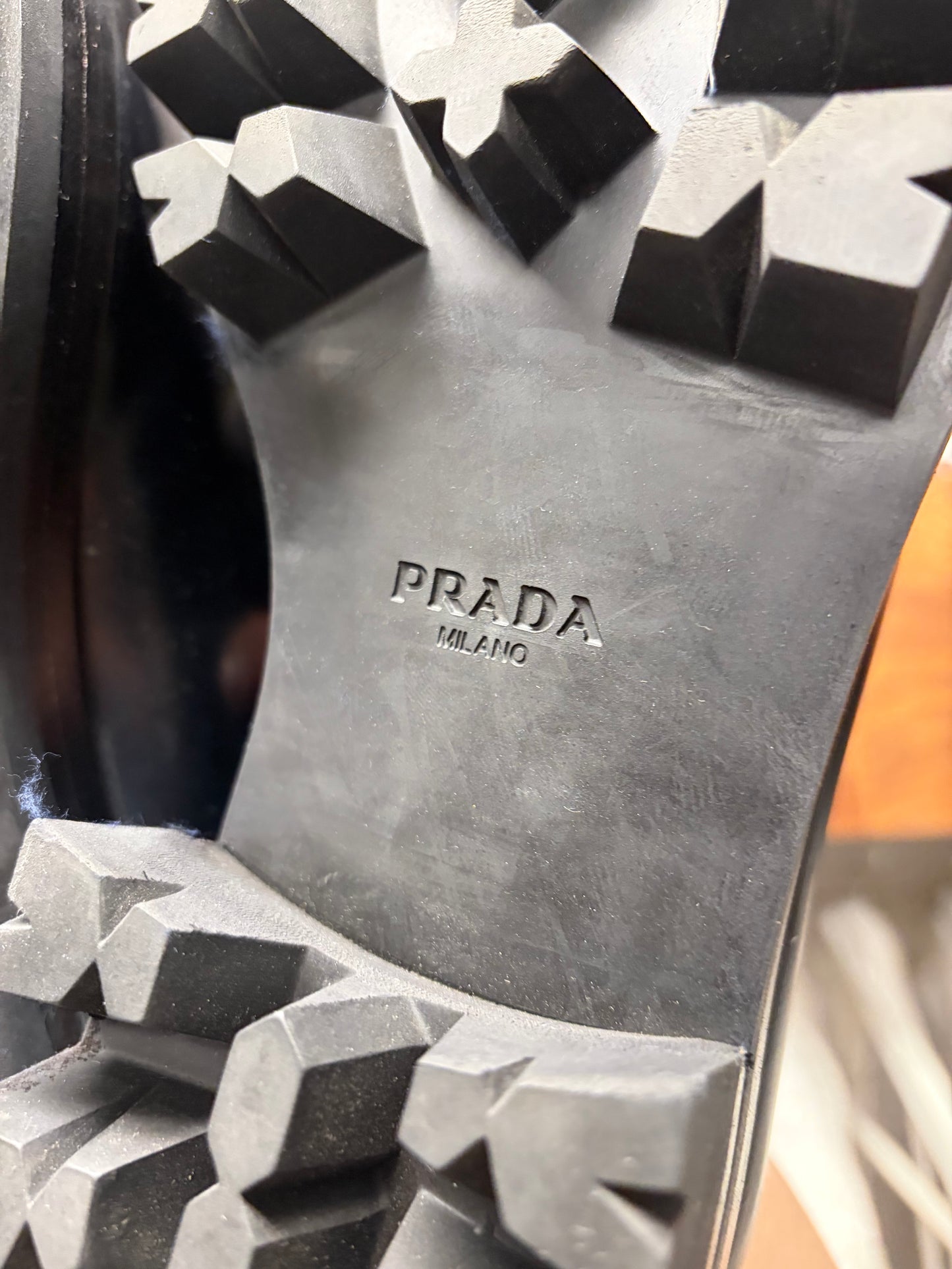 Prada Black Patent Leather ‘Lug Sole’ Pointed Toe Leather Derbys