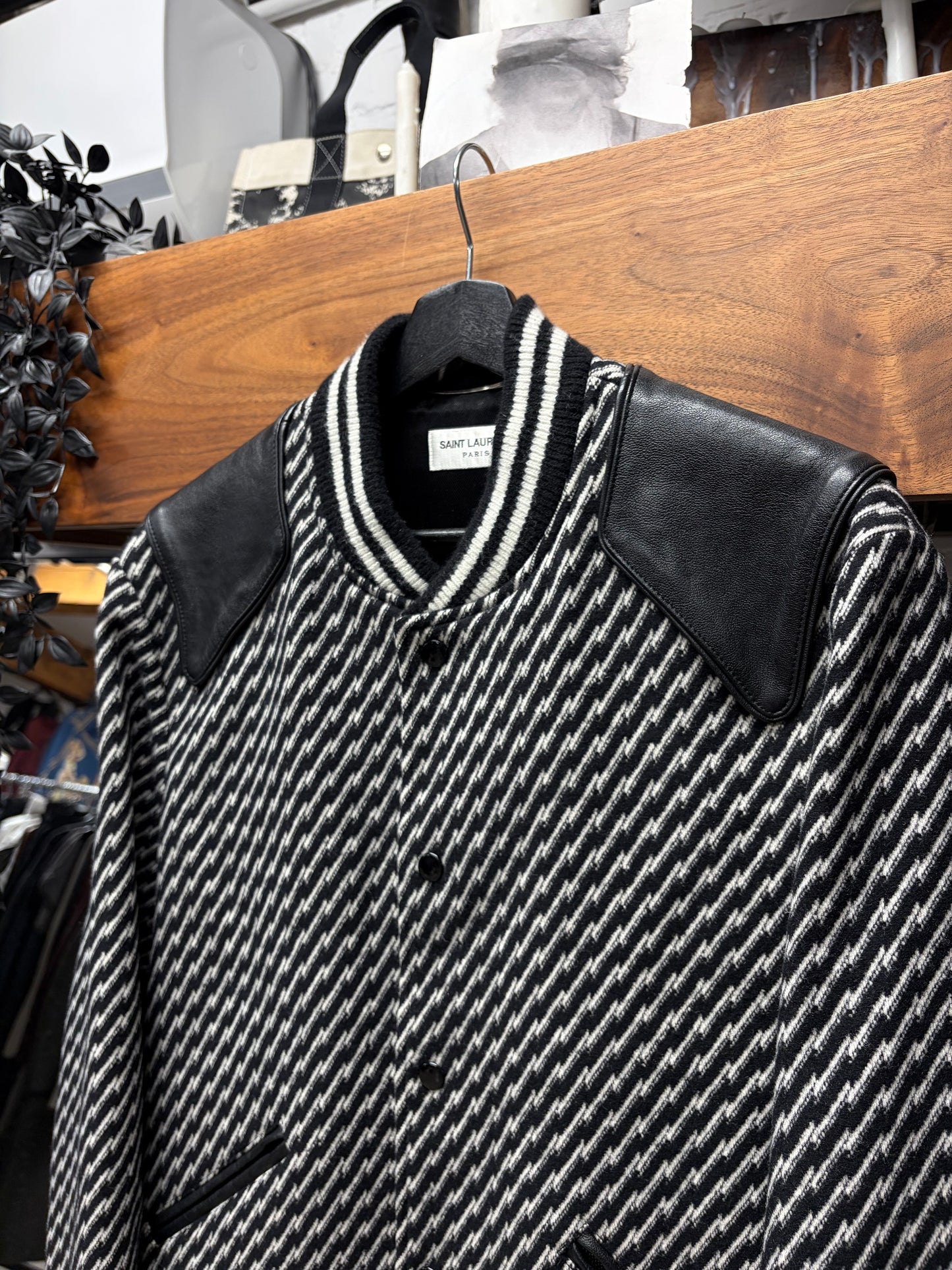 AW2018 Saint Laurent Houndstooth Black/White ‘Teddy’ Varsity Jacket with Leather Accents
