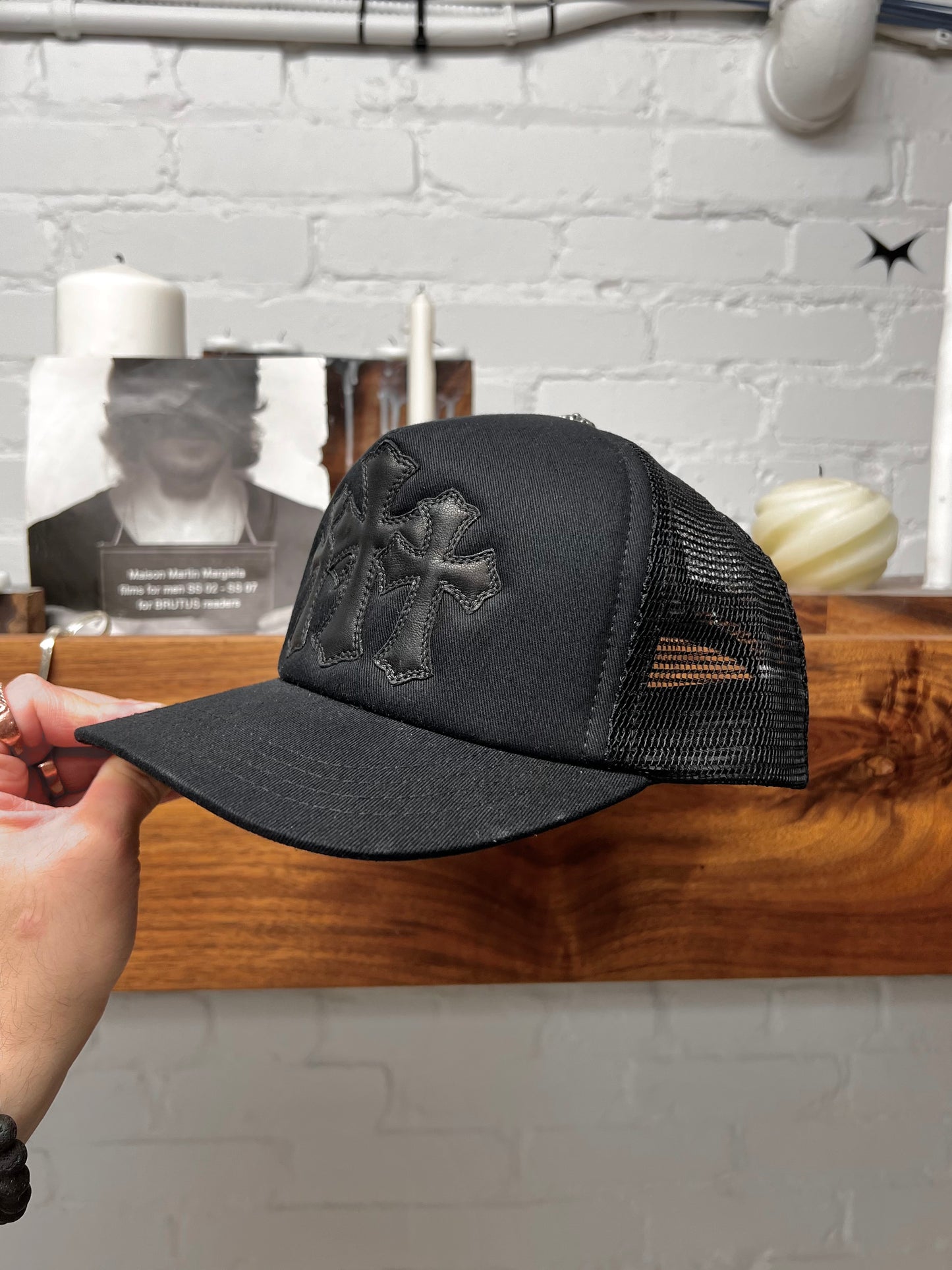 Chrome Hearts Leather ‘Cemetery’ Triple Cross Patch Snap Back Hat