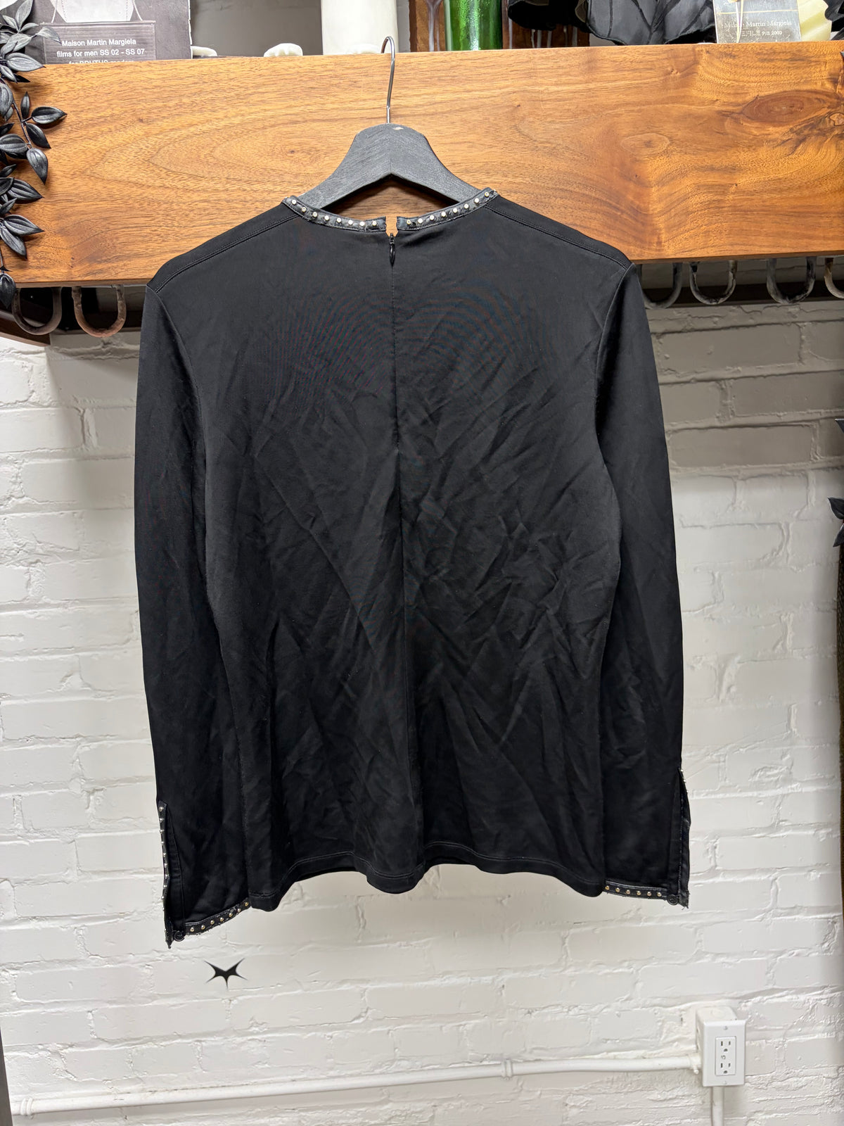 Helmut Lang Studded ‘Leather Trim’ Black Long Sleeve Shirt