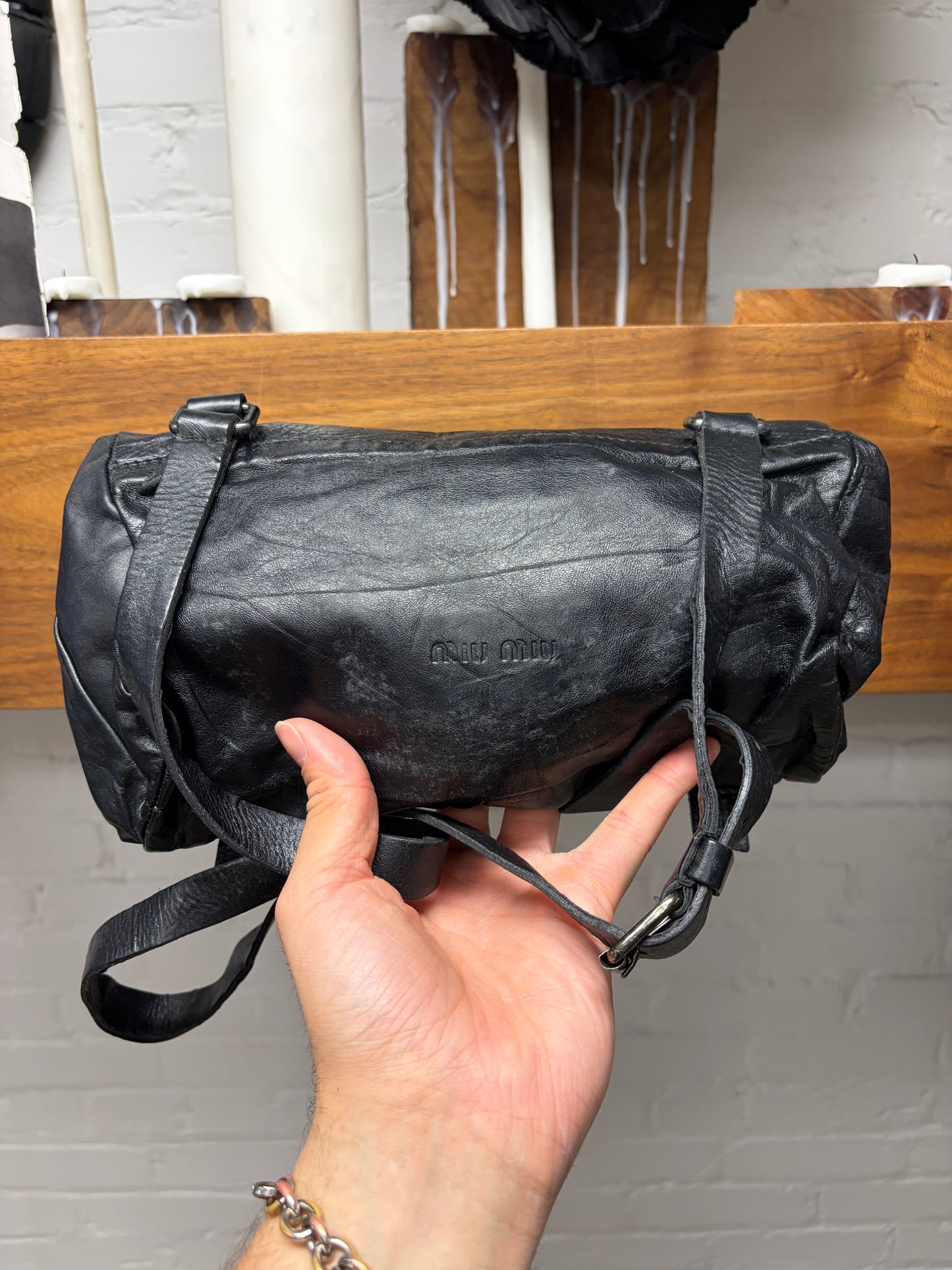Vintage Miu Miu Faded Black ‘Double Buckle’ Leather Shoulder Bag