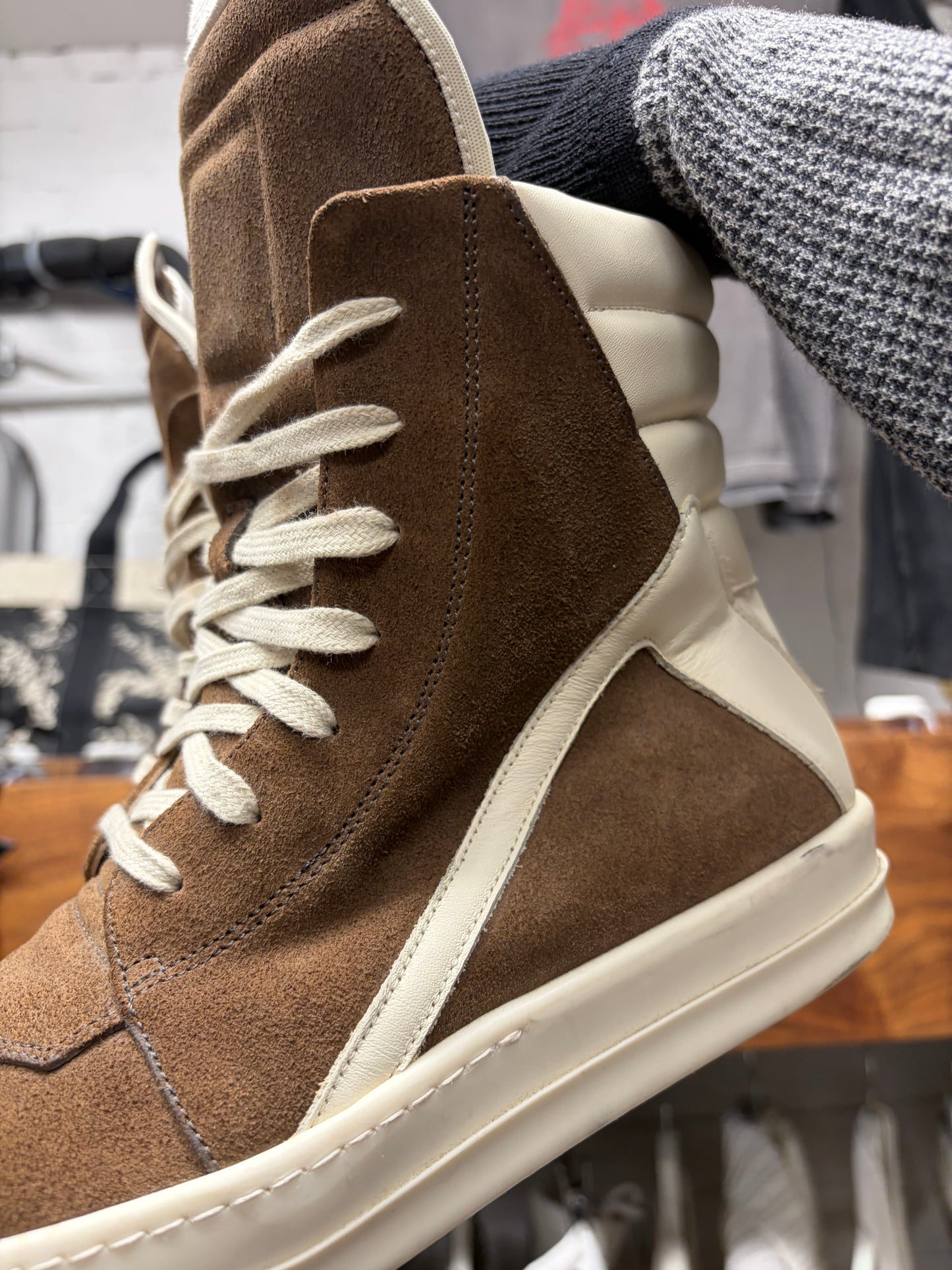 Rick Owens Dust/Milk Classic Leather Geobasket High Top Sneakers
