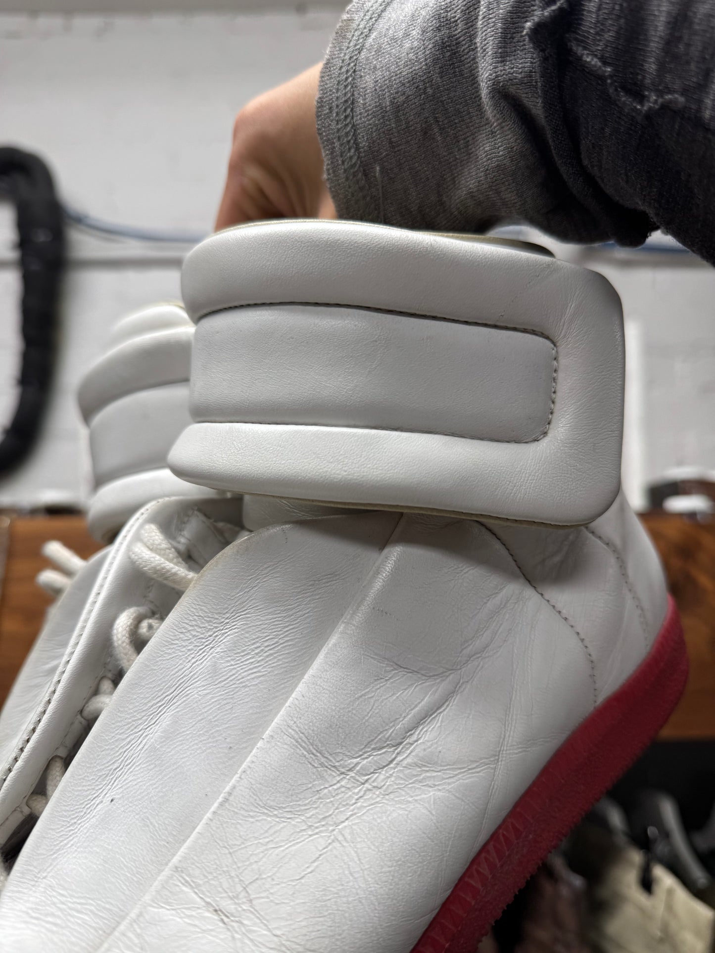 Maison Margiela ‘Future’ White Leather/Red Sole High Top Sneakers