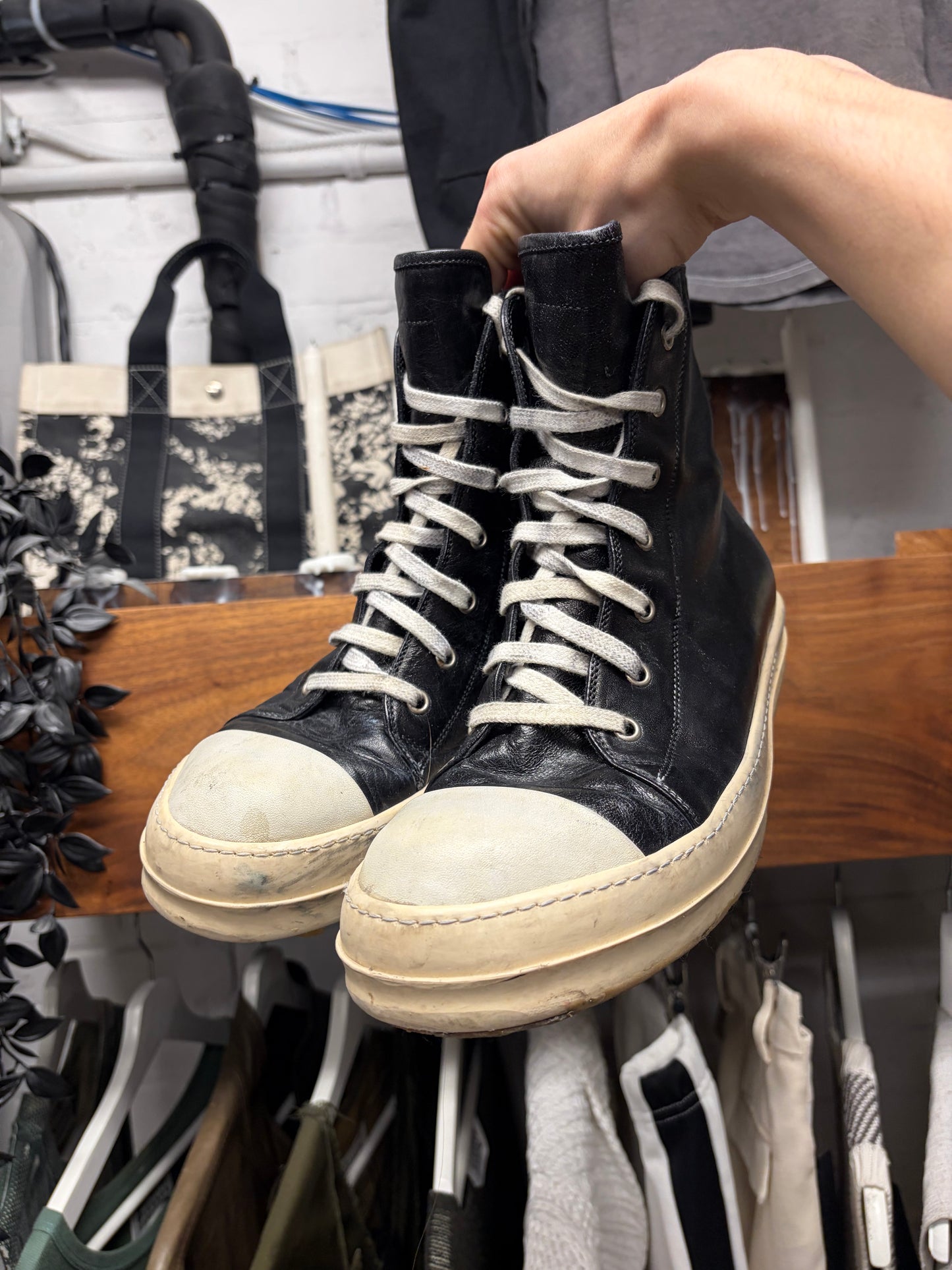 Rick Owens Mainline Horse Leather ‘Ramones’ Black High Top Sneakers