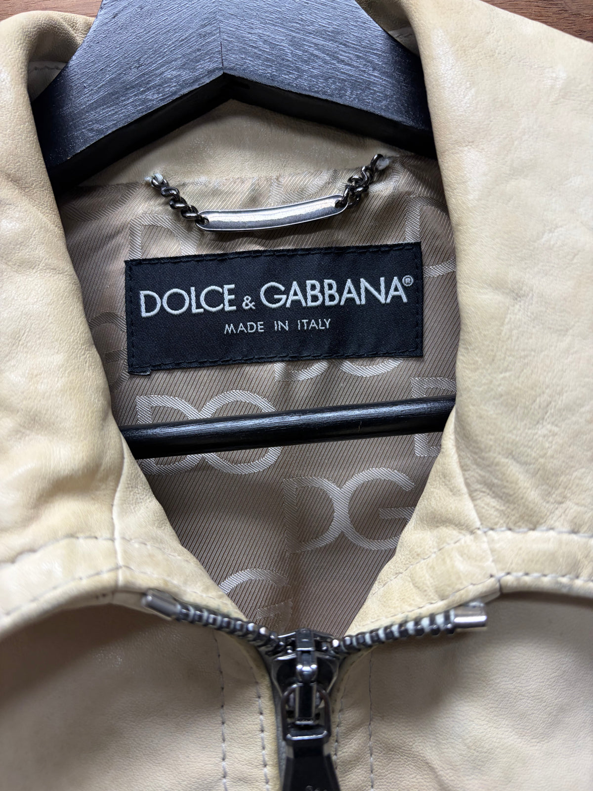 2000s Dolce and Gabbana Cream Lambskin Leather Jacket with Silk Monogram Liner Interior