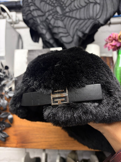Givenchy ‘4G Logo’ Leather Strap-Back Black Faux Fur Hat