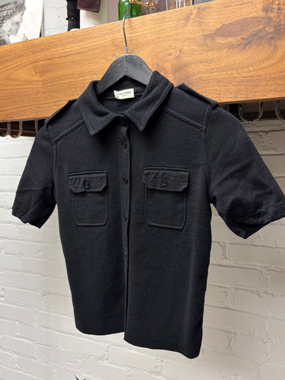 Saint Laurent Cropped Black Ribbed Cotton Full Button ‘Military Inspired’ Polo