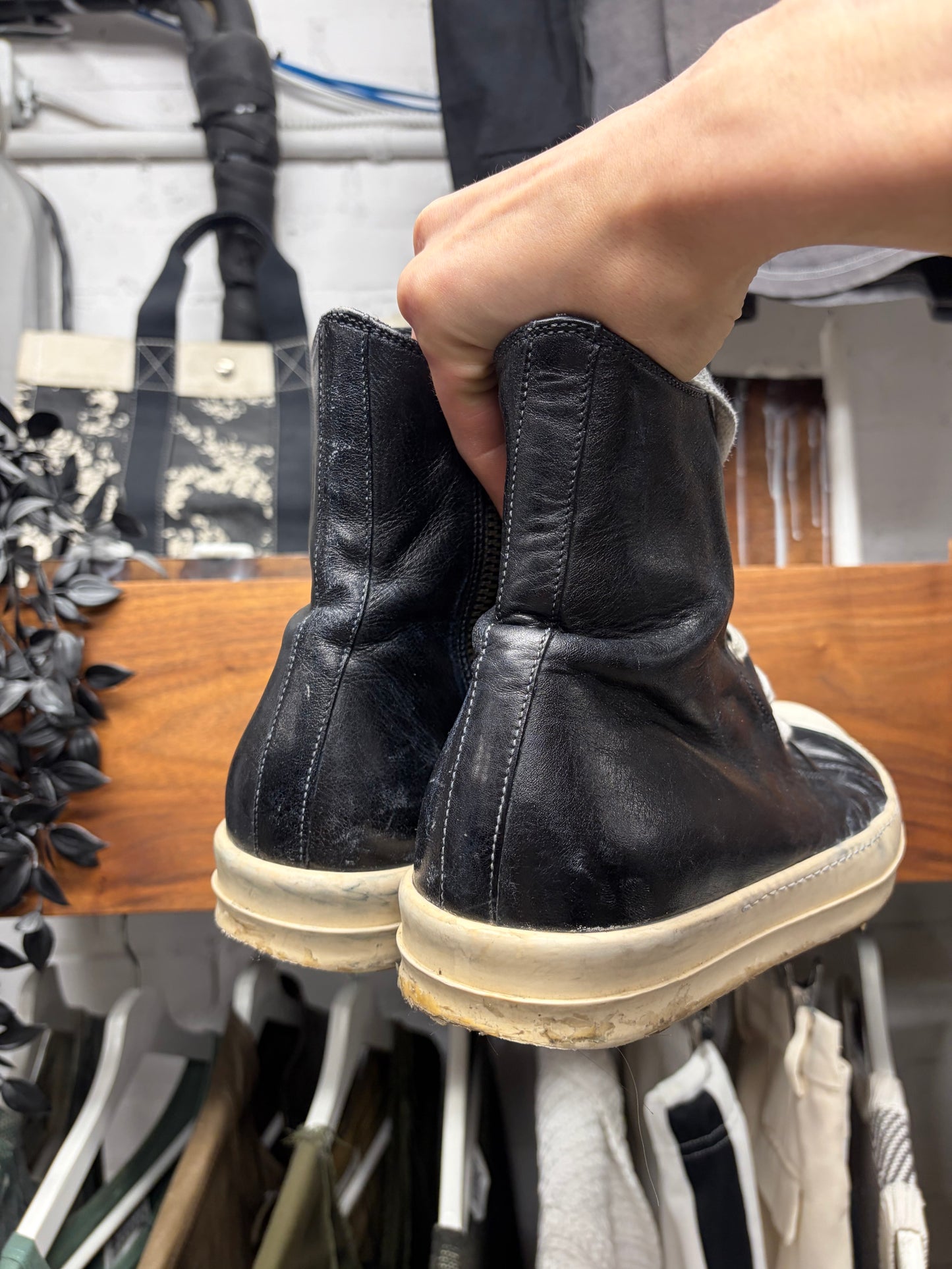 Rick Owens Mainline Horse Leather ‘Ramones’ Black High Top Sneakers