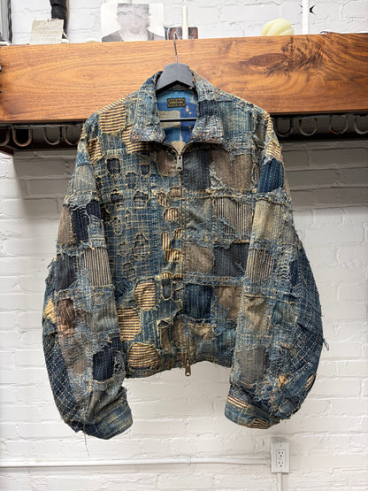 Kaptial ‘Boro’ Repaired Blue Zip-Up Buckle Back Denim Jacket