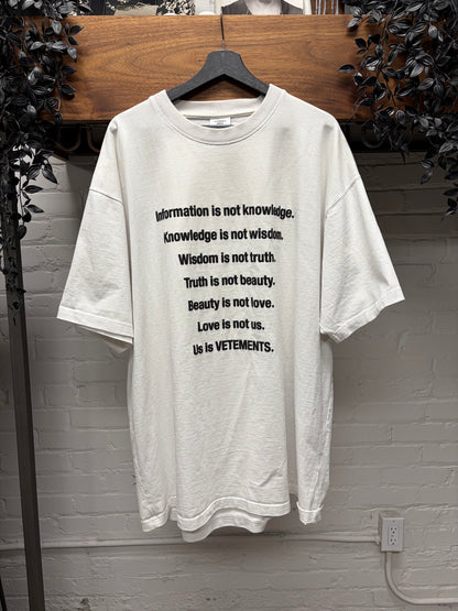Vetements ‘Information is Not Knowledge’ Oversized White Slogan T-Shirt