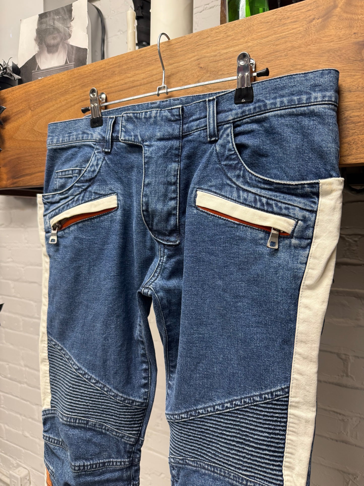 Balmain ‘Racing Stripe’ Orange/White Stripe Blue Biker Skinny Jeans