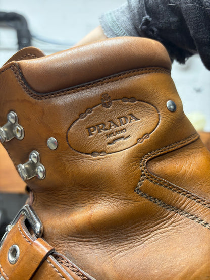 Vintage Prada Leather Strap Closure Brown Hiking Boots