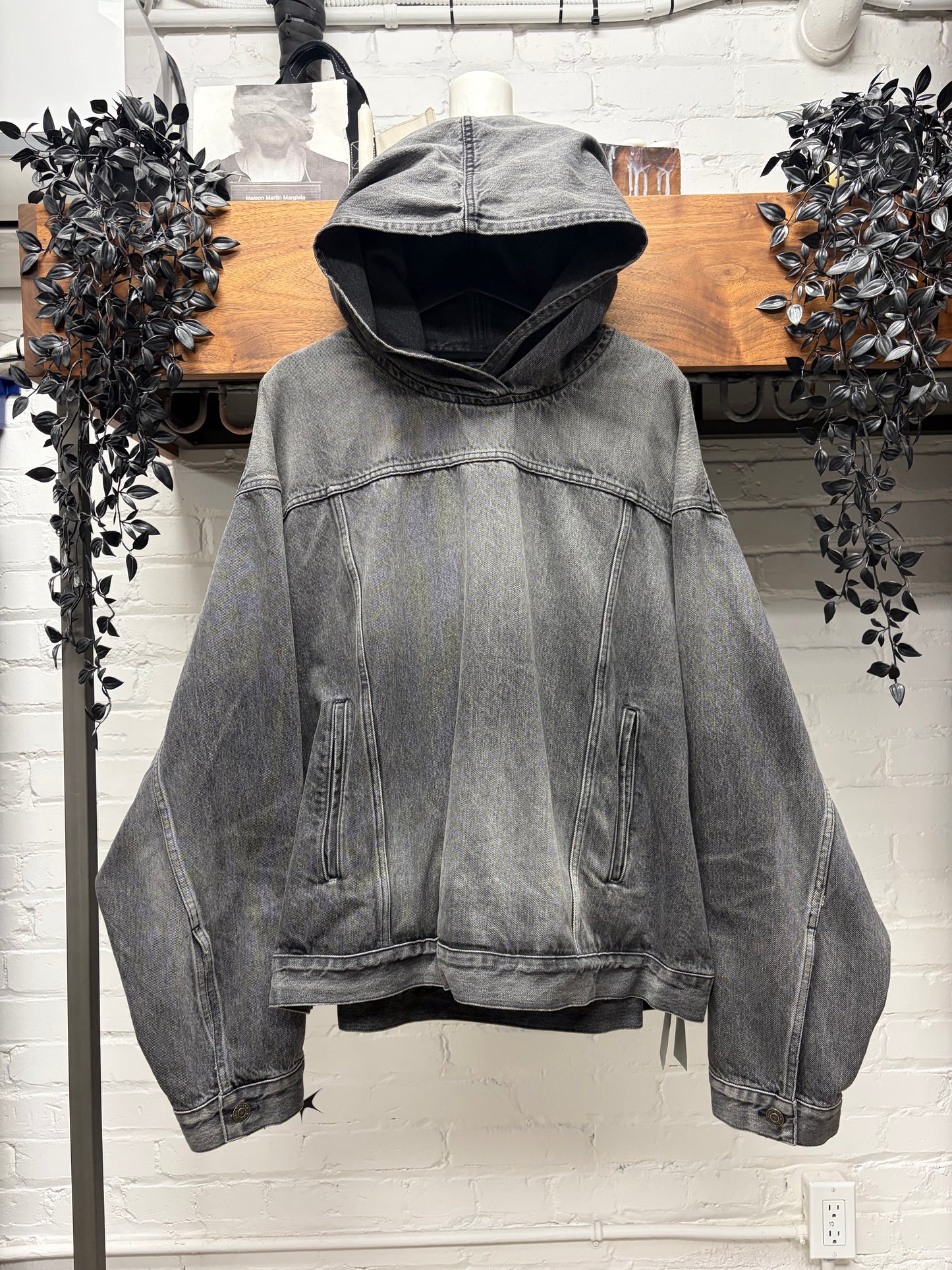 2023 Balenciaga Stone Washed Black Denim Pullover Hoodie