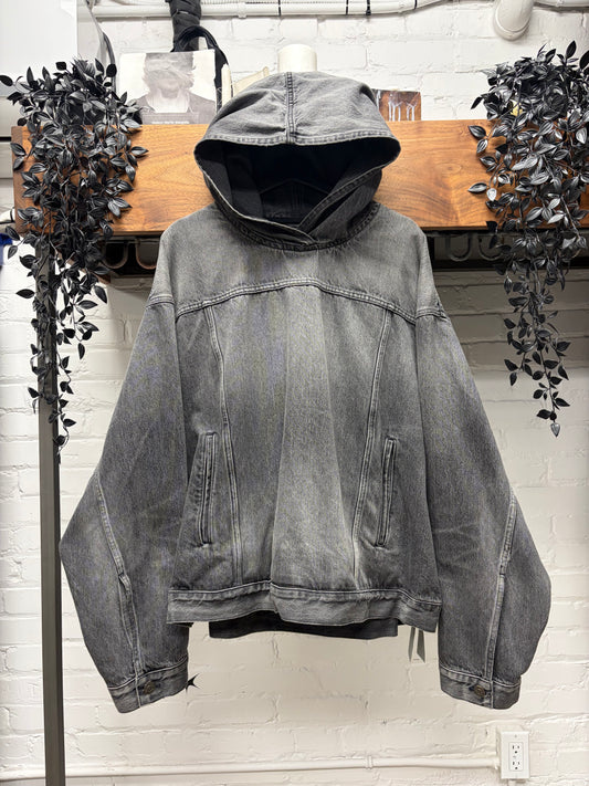2023 Balenciaga Stone Washed Black Denim Pullover Hoodie