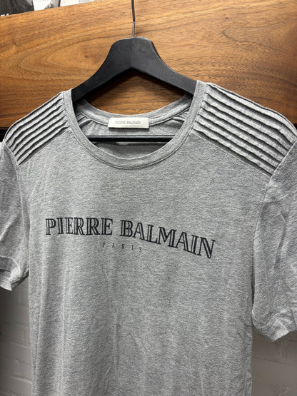 Balmain Ribbed Grey Short Sleeve Logo T-Shirt