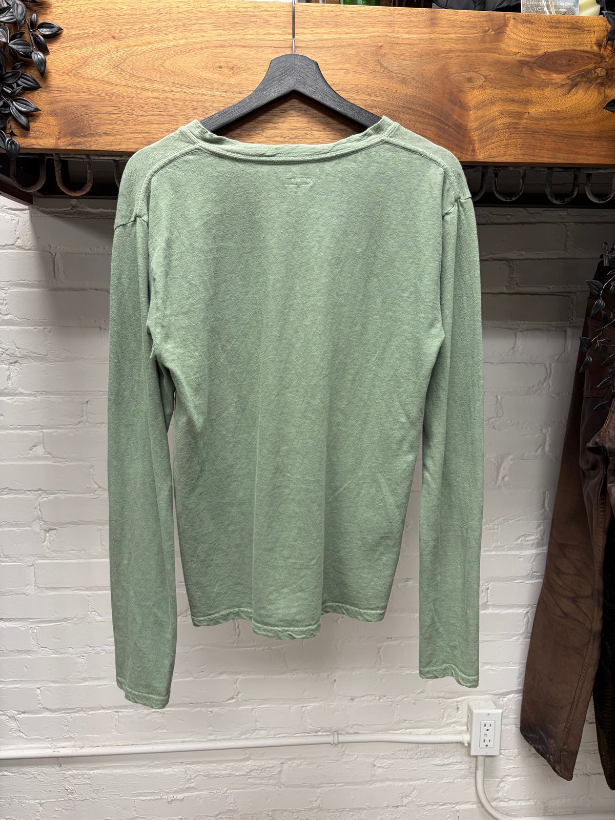 Kapital ‘Muted Green’ V-Neck Cotton Long Sleeve Pocket T-Shirt