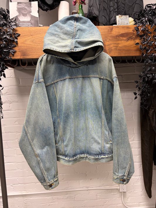 2023 Balenciaga Stone Washed Blue Denim Pullover Hoodie