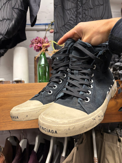 Balenciaga ‘Paris’ Graffiti Distressed Black Canvas High Top Sneakers