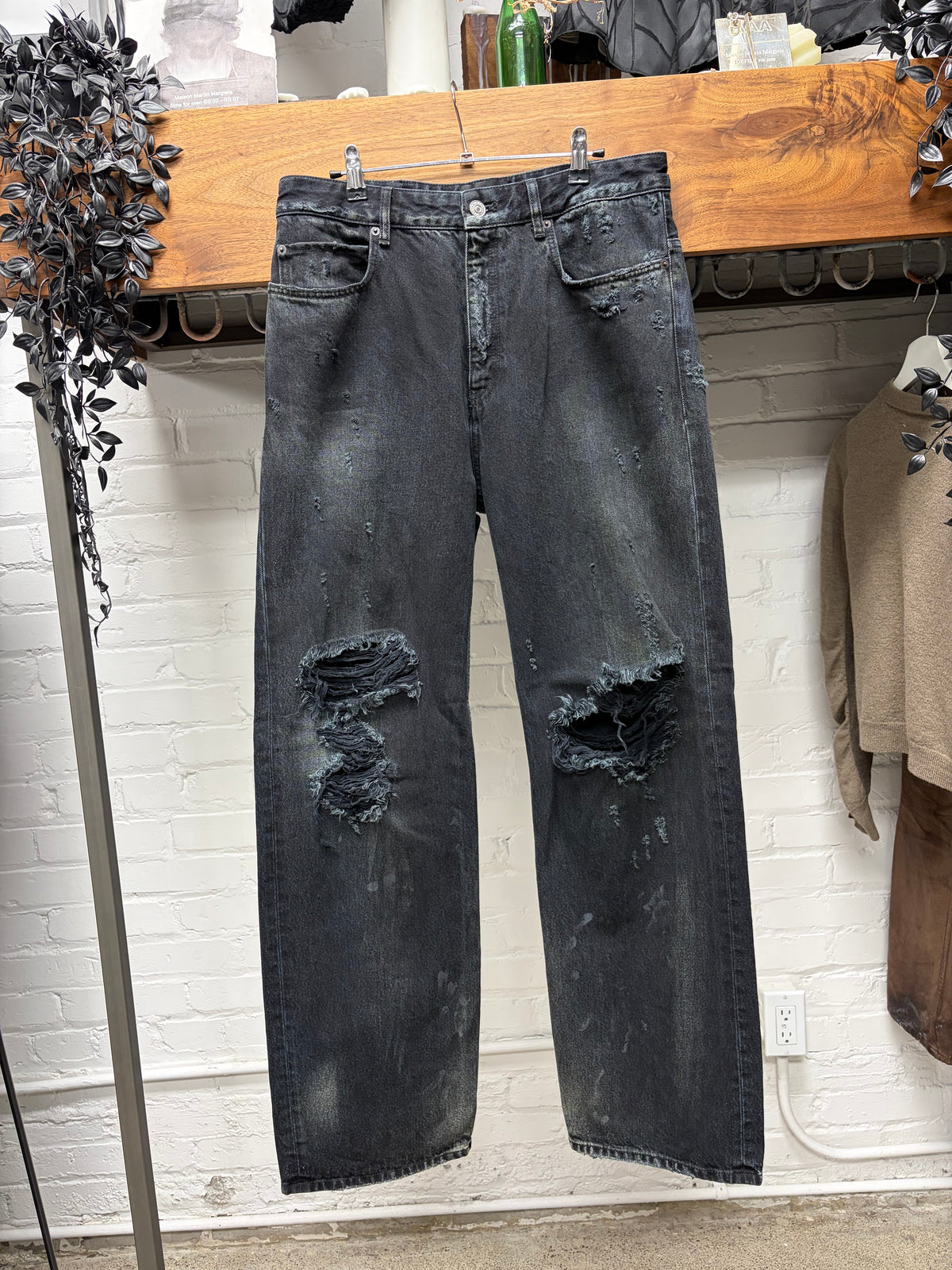 2022 Balenciaga ‘Destroyed’ Heavy Distressed Black Bootcut Denim