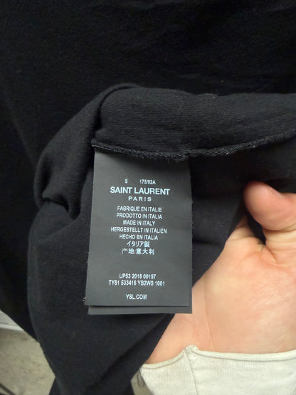 2018 Saint Laurent ‘Cursive Logo’ Small Shoulder Hit Graphic T-Shirt