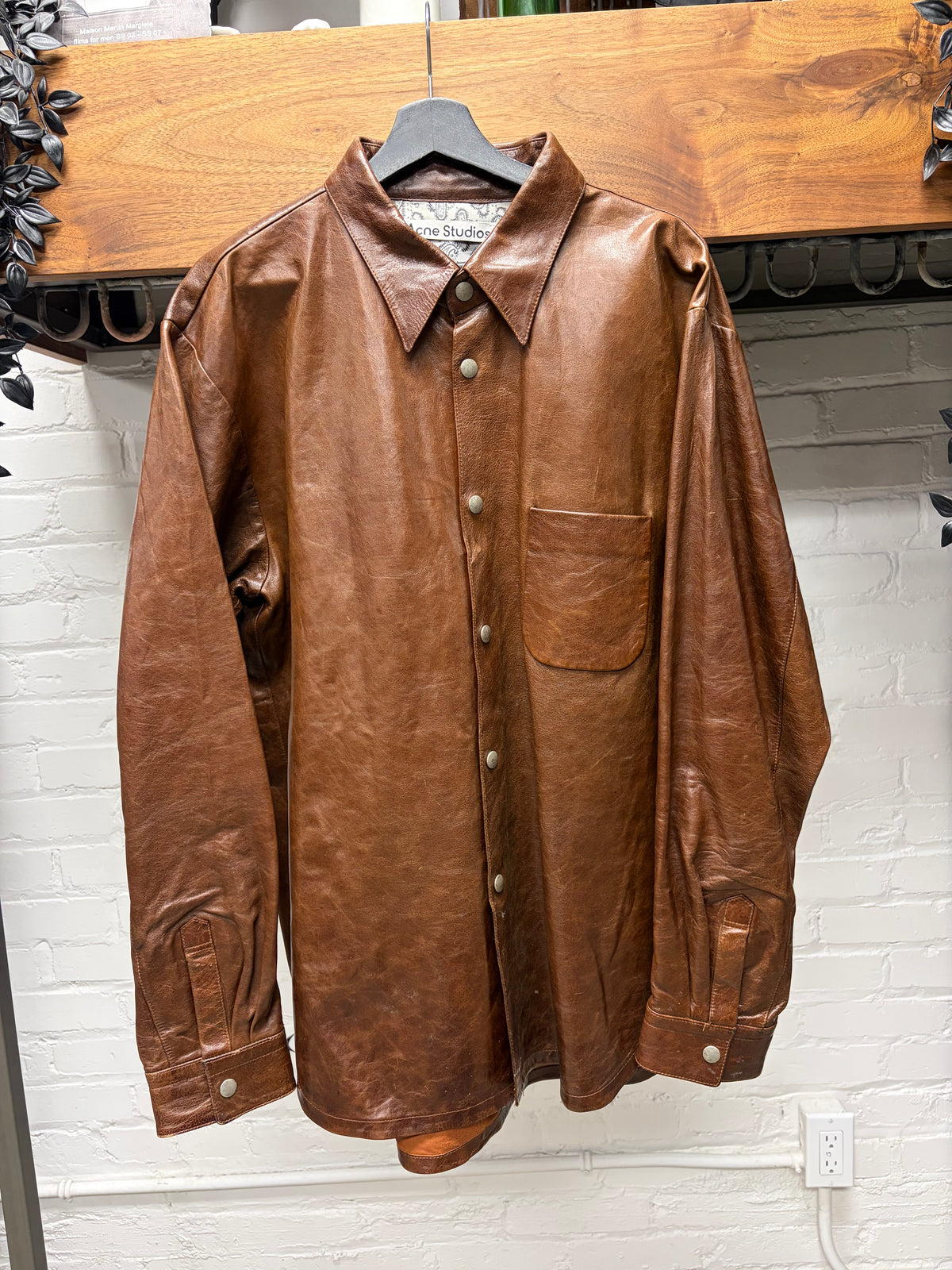 Acne Studios Brown Lambskin Leather Button Snap Shirt Jacket