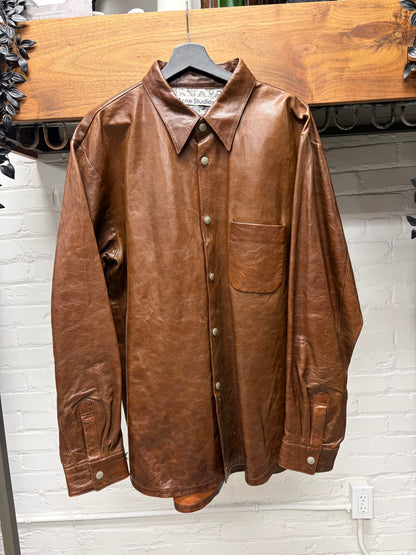 Acne Studios Brown Lambskin Leather Button Snap Shirt Jacket