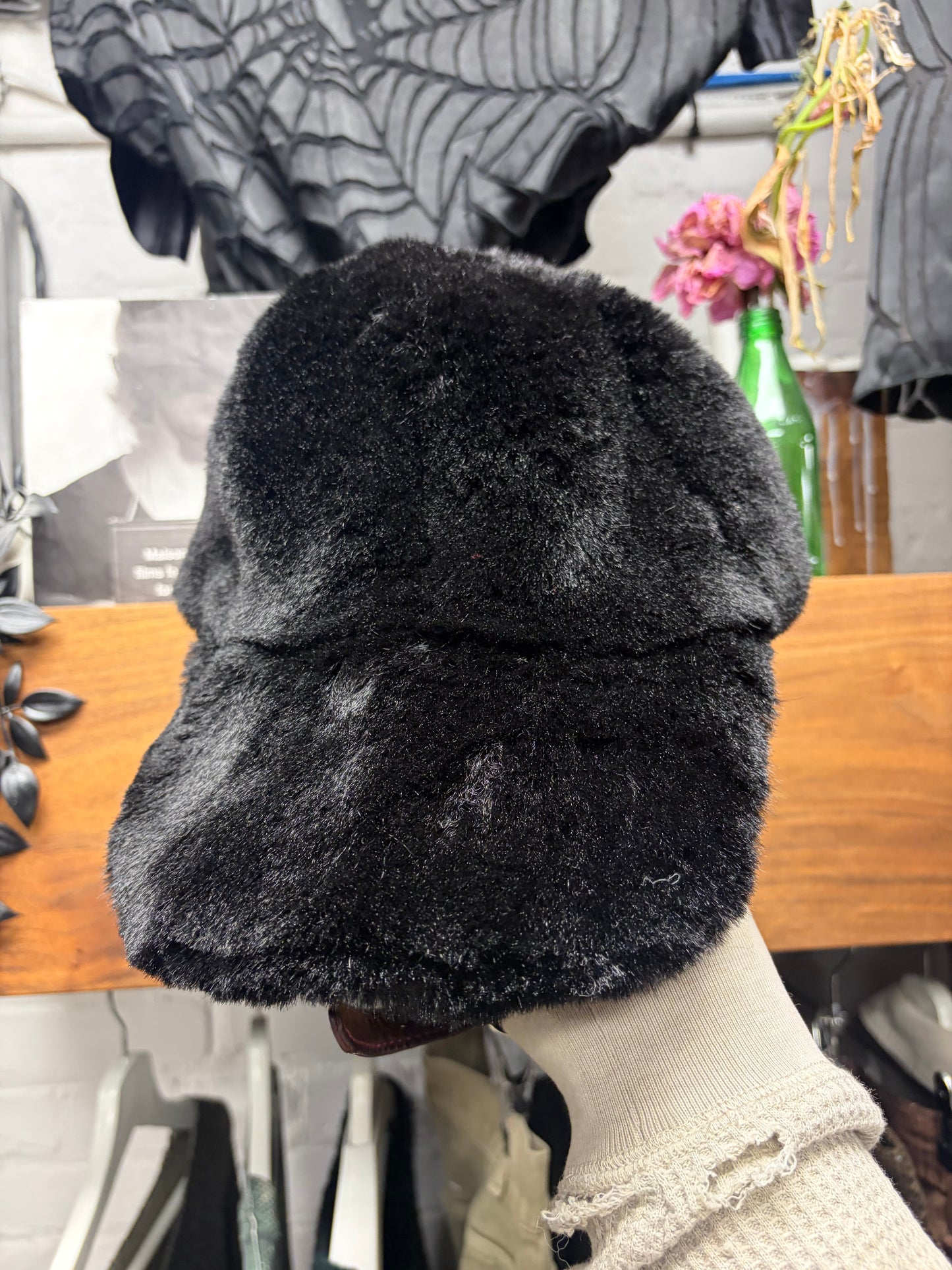 Givenchy ‘4G Logo’ Leather Strap-Back Black Faux Fur Hat