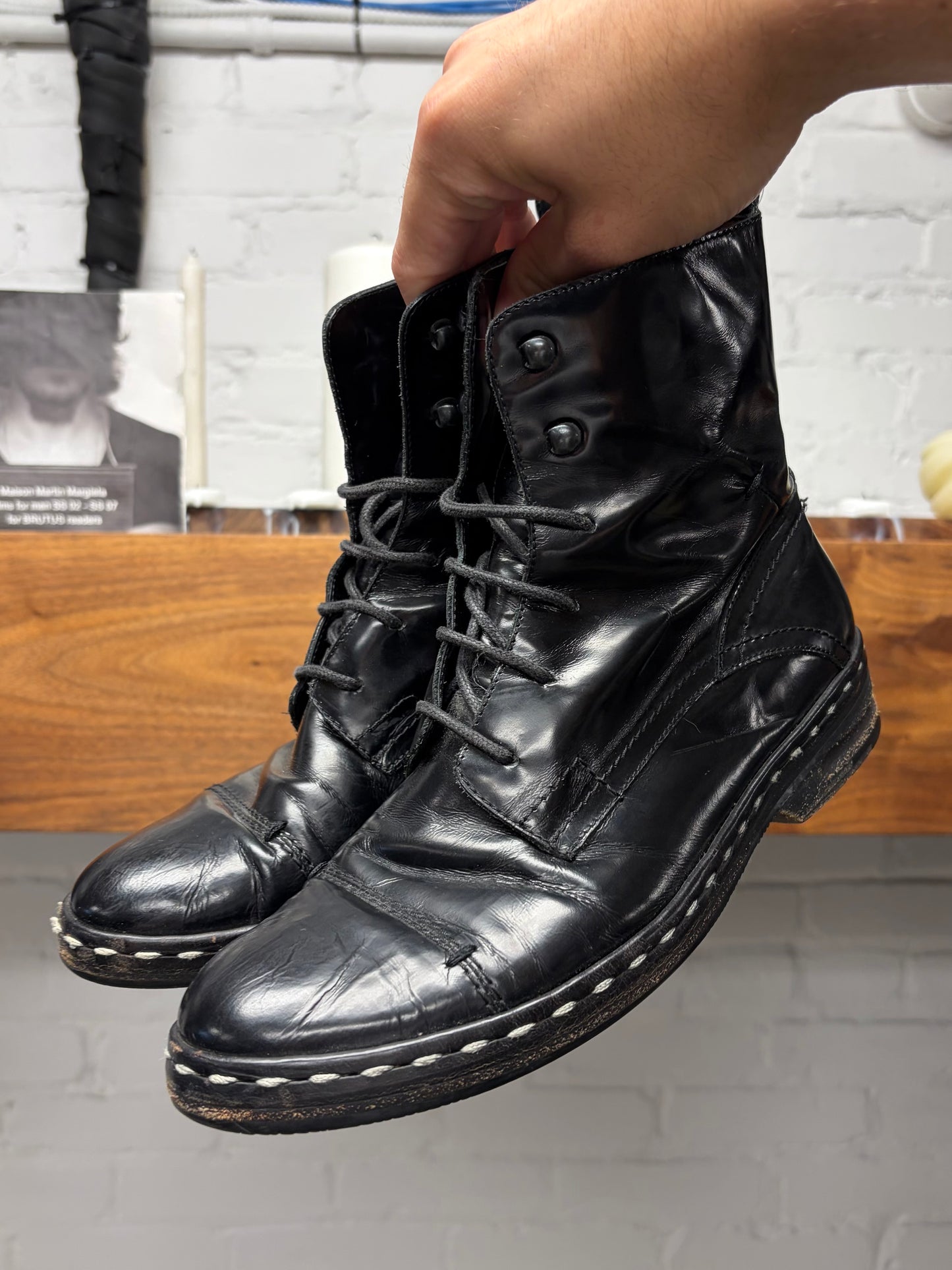 Costume National Black Patent Leather Contrast Stitch Combat Boots