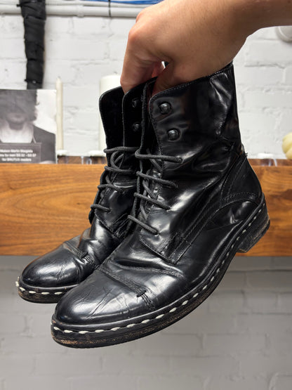 Costume National Black Patent Leather Contrast Stitch Combat Boots