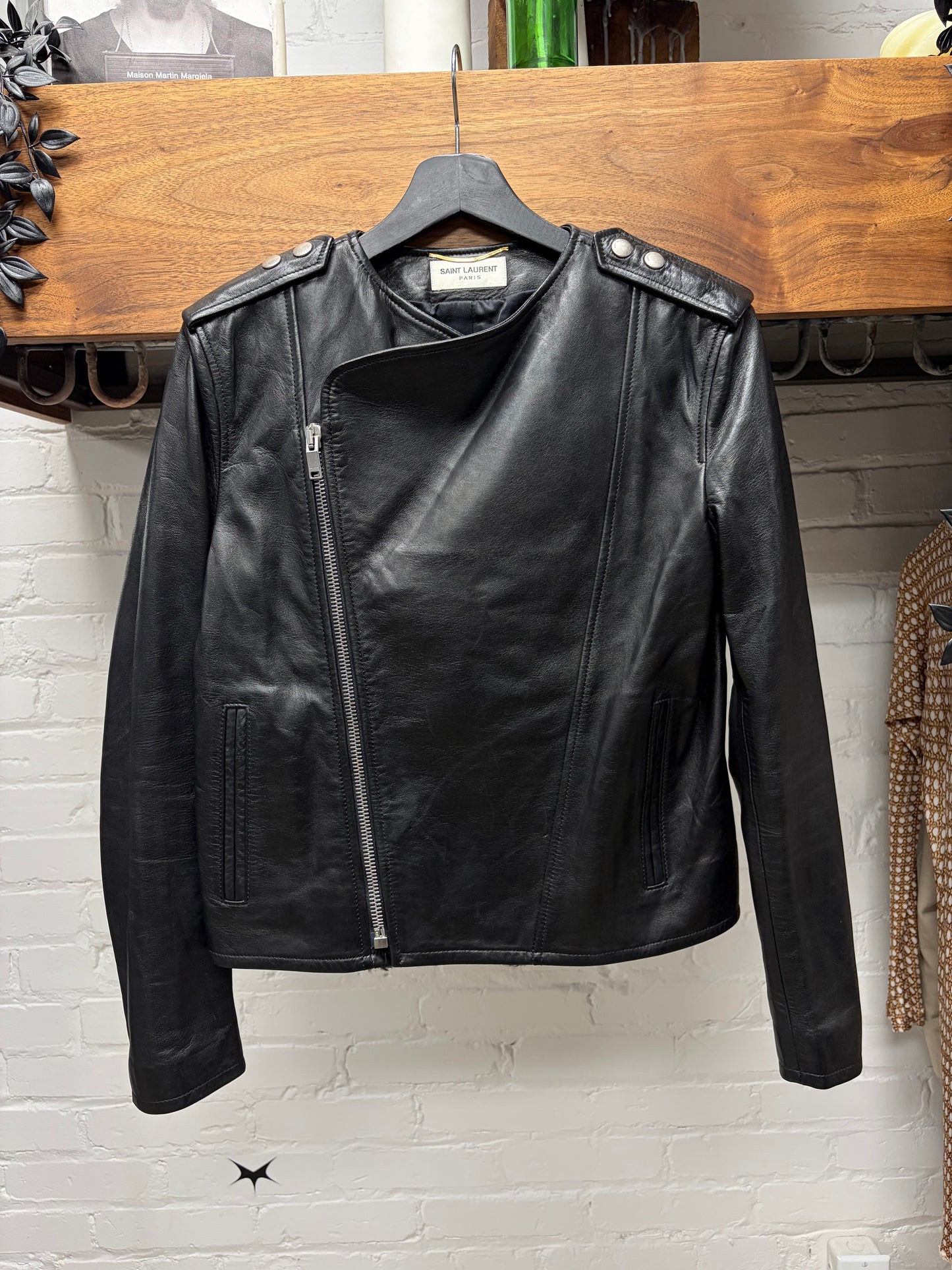SS2014 Saint Laurent ‘Ponyhair Interior’ Black Calfskin Leather Biker Jacket