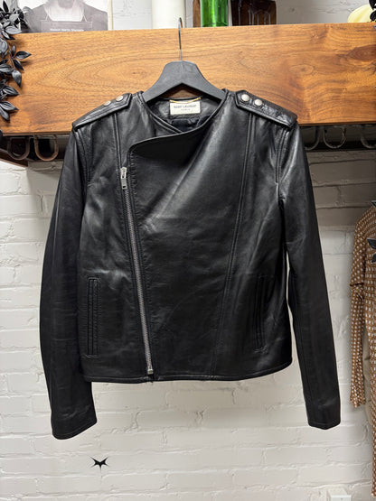 SS2014 Saint Laurent ‘Ponyhair Interior’ Black Calfskin Leather Biker Jacket